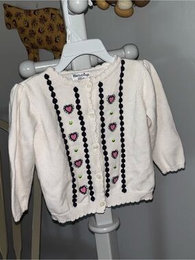 Hartstrings 18 mos Cream Cardigan with Pink Heart and Navy Trim